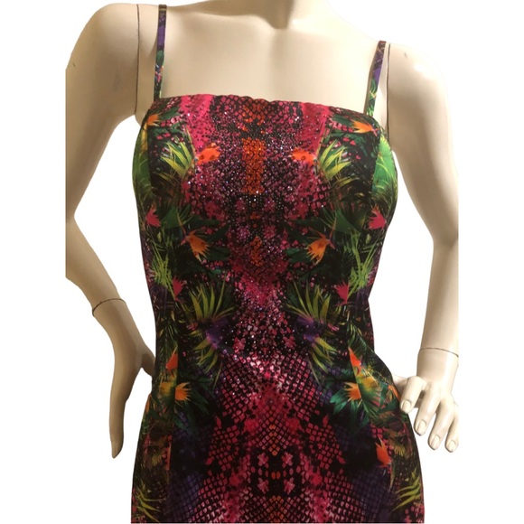 Genese London Tropical Satin Dress with colourful rhinestone detailing Small 4US - Picture 9 of 17